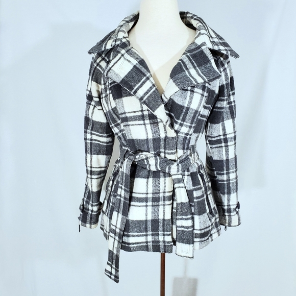 Jou Jou Gray Plaid Wool Blend Pea Coat